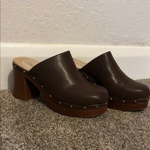 Brown Leather Platform Clog Heels - Women